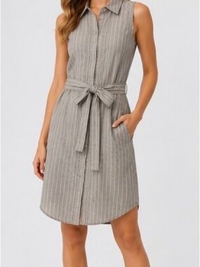 Banana Republic Sleeveless Striped Shirt Dress | Gray Seersucker | Belted